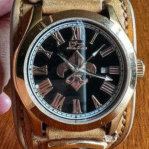 Gold-Tone Fleur de Lis Wristwatch with Tan Leather Cuff